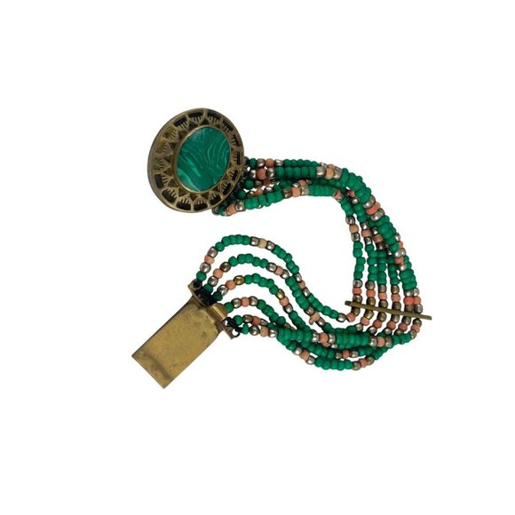 Vintage Multi-Strand Beaded Bracelet With Green Cabochon & Brass Accents Ethnic - Picture 5 of 9